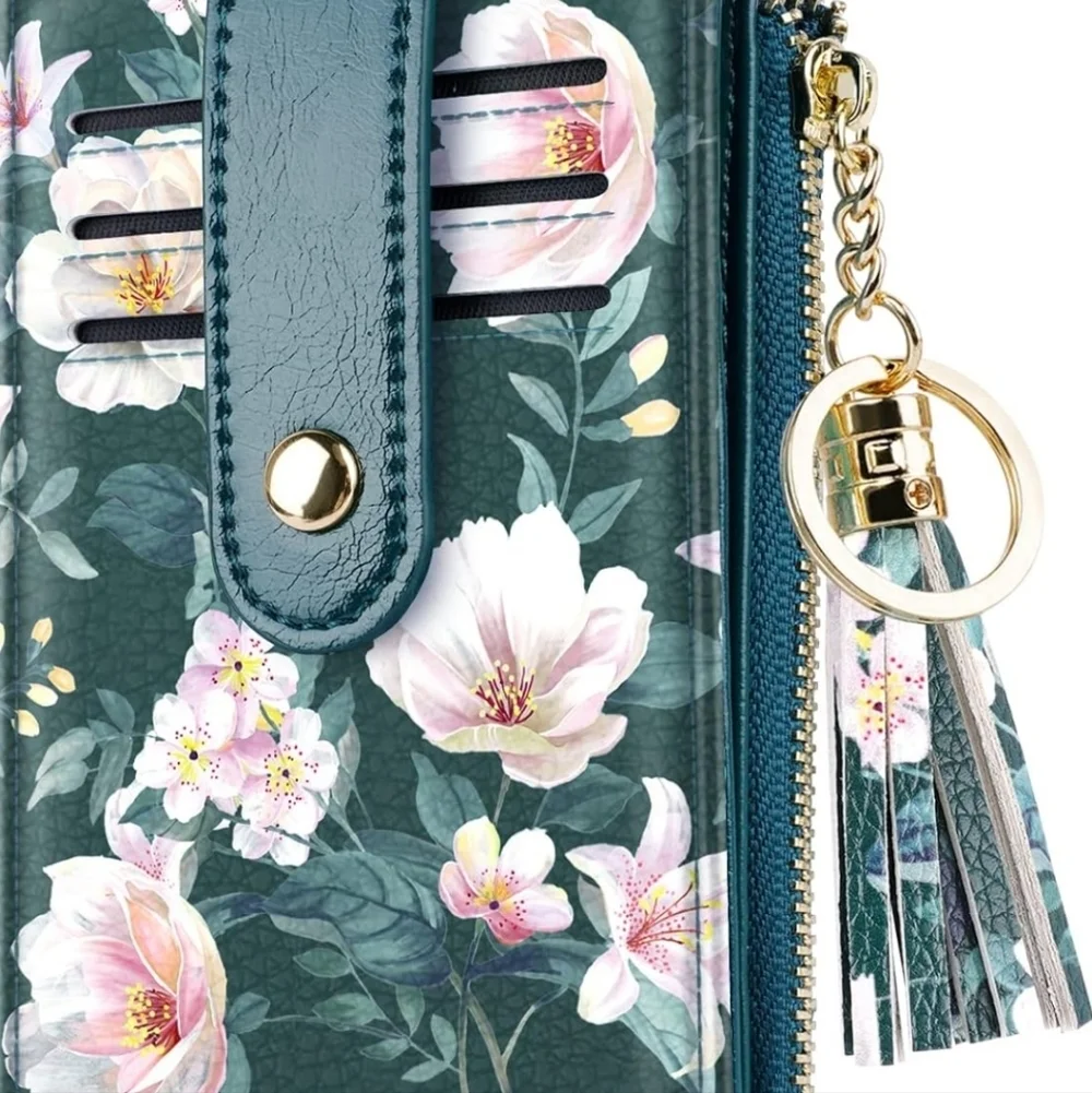 Floral Green Wallet with Tassel Keychain
